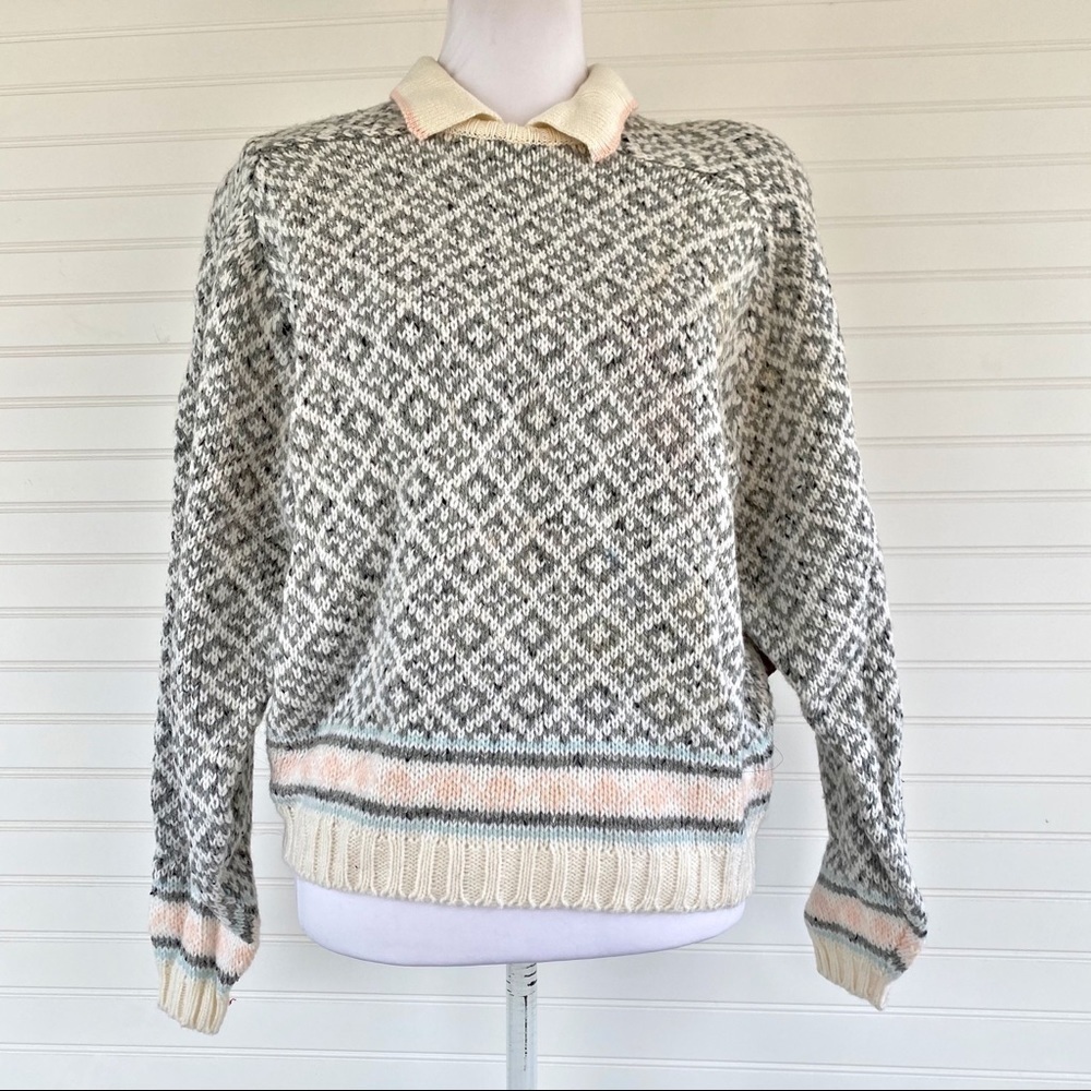 Lizsport Sweater L Vintage Fair Isle Geometric Polo Collar Grey Pink 25518